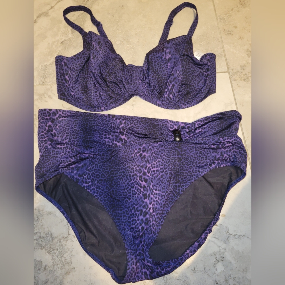 Fantasie‎ Purple Black Animal Print Swimsuit Bikini 40FF Top 2XL Bottom